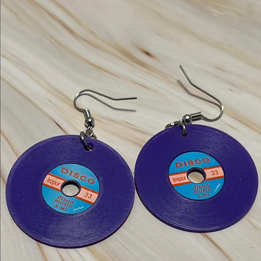 New- Retro Purple Plastic Charms Record Earrings